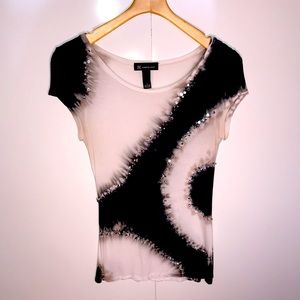 INC Tie Dye Top Black/Whitish-Cream/Gray/Beige with Sequins/Beads WOMEN"S LARGE